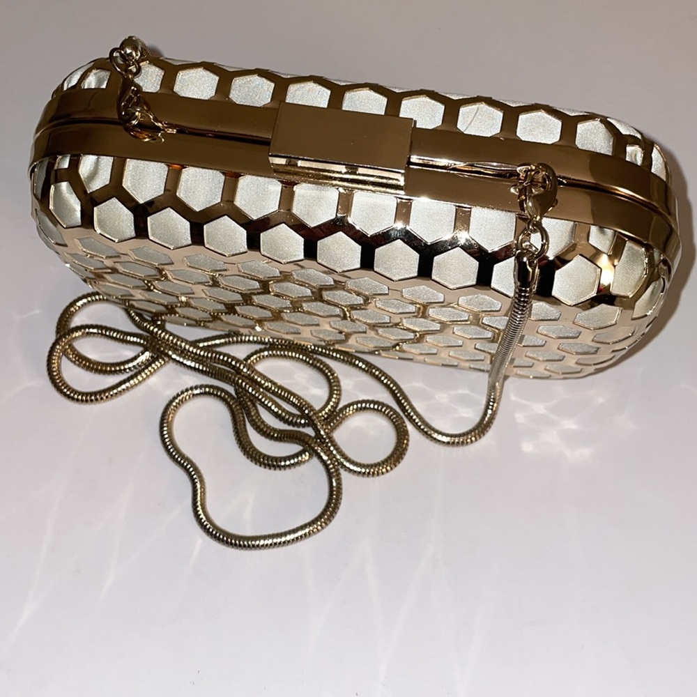 Gold Honeycomb Box Clutch with Textured Design